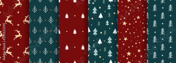 Fototapeta Vector Set of Seamless Christmas and New Year`s patterns. Winter and Christmas elements on a dark background. Wrap for gifts.  