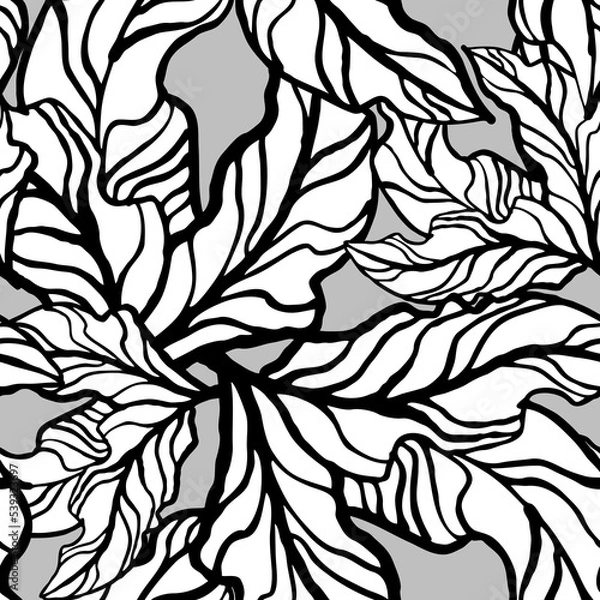 Fototapeta Nature seamless pattern with hand drawn twig, tree branch with leaves, tropical forest, summer time. Ecological rural theme for poster print, wrapping paper, wallpaper, clothes textile, fabric design.