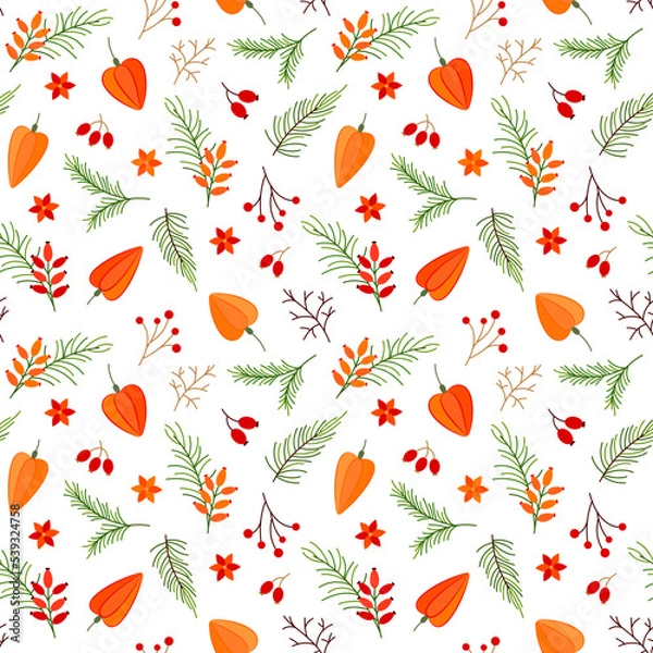 Fototapeta Botanical seasons christmas pattern warm shade berry branch flat. Yew berry physalis pine rosehip poinsettia red flower seamless traditional orange plant design print textile interior gift wrapping