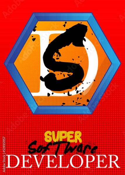 Fototapeta Superhero coat of arms showing Software Developer icon. Colorful comic book style vector illustration.