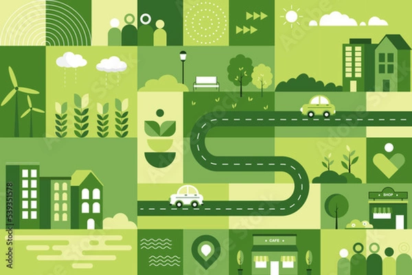 Fototapeta Styl życia w koncepcji Green City. Krajobraz miejski z geometrycznym płaskim designem. Ilustracja wektorowa prostego środowiska pejzażu miejskiego.