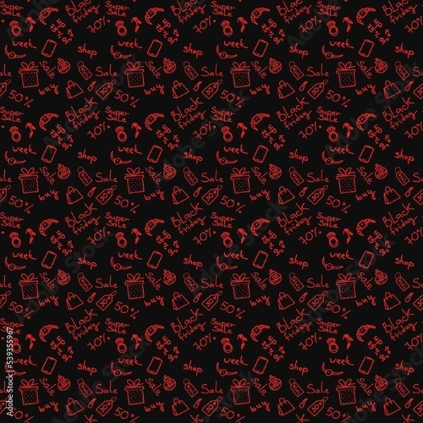 Fototapeta seamless background of handwritten phrases on the theme of black Friday red objects on a black background
