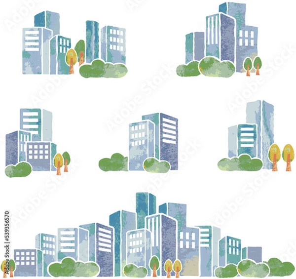 Fototapeta 水彩タッチの都市ビル　冬の景観イラスト	