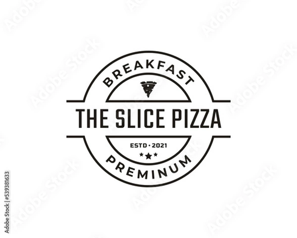 Fototapeta Vintage Retro Badge Emblem Pizza Slice, Pizzeria Restaurant Bar Bistro Logo Design Linear Style