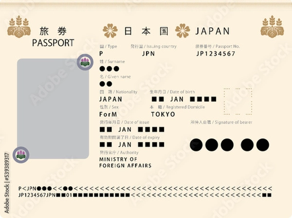 Fototapeta 身分証明として使える日本のパスポート　身分事項ページ　イメージイラスト