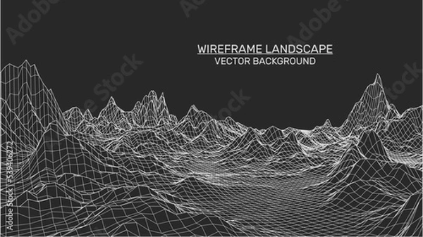Fototapeta Abstract landscape background. Mesh structure. Polygonal wireframe background. 3d technology vector illustration	