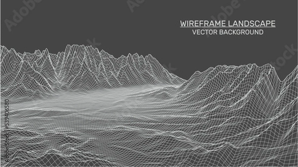 Fototapeta Abstract landscape background. Mesh structure. Polygonal wireframe background. 3d technology vector illustration	