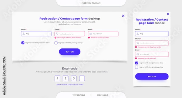 Fototapeta Registration / contact page form banner. Popup form. Enter code. Verification code. Web design template. Desktop and mobile.