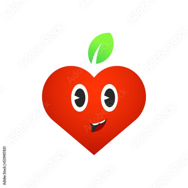 Fototapeta Happy apple character with big eyes vector illustration. Cute modern happy face apple shape as a heart icon design. Awesome happy apple logo idea.