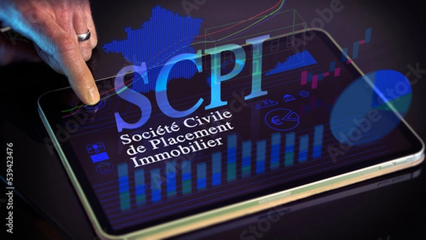 Obraz Société civile de placement immobilier SCPI. Placements immo scpi, la rentabilité, la diversification. Placer, objectif patrimonial, investissement foncier. Texte en français, langue francaise.