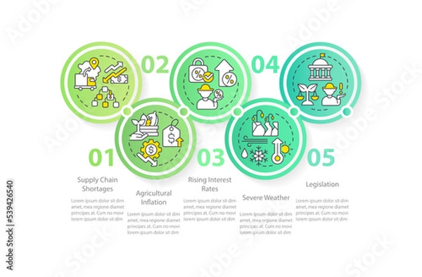 Fototapeta Farming economics issues circle infographic template. Agribusiness. Data visualization with 5 steps. Editable timeline info chart. Workflow layout with line icons. Myriad Regular font used