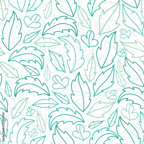 Fototapeta Vector leaves lineart seamless pattern background with hand