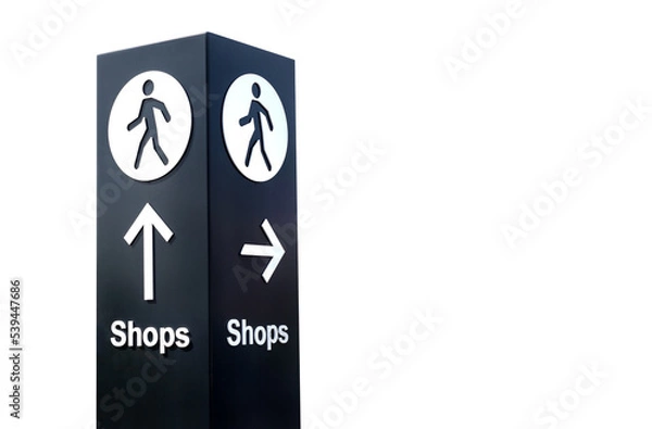Fototapeta Large directional sign post with arrow and person icon pointing to shops. Isolated white background.