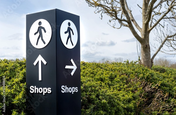 Fototapeta Large black and white free standing directional sign with person symbol and arrows pointing to shops