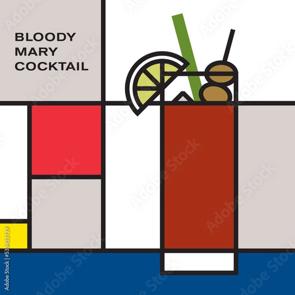 Fototapeta Bloody Mary Cocktail in Highball glass, garnished with celery stalk, olive stick and lime slice, served with ice cubes. Modern style art with rectangular color blocks. Piet Mondrian style pattern.