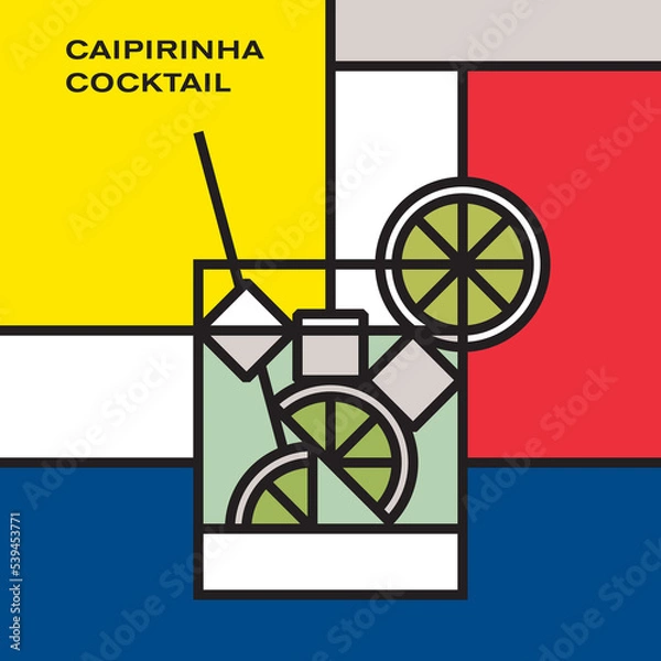 Fototapeta Caipirinha Cocktail in Old fashioned glass with lime wedges and straight drinking straw, garnished with lime slice, served with ice cubes. Modern style art with rectangular color blocks. Piet Mondrian