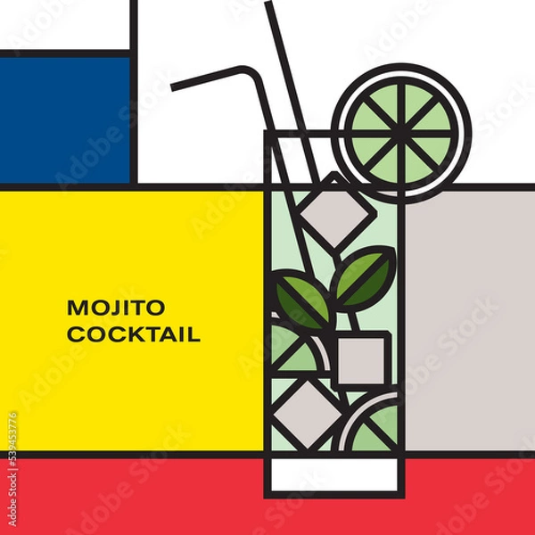 Fototapeta Mojito Cocktail in Collins glass with lime wedges, mint leaves and two drinking straws, garnished with lime slice, served with ice cubes. Modern style art with rectangular color blocks. Piet Mondrian.