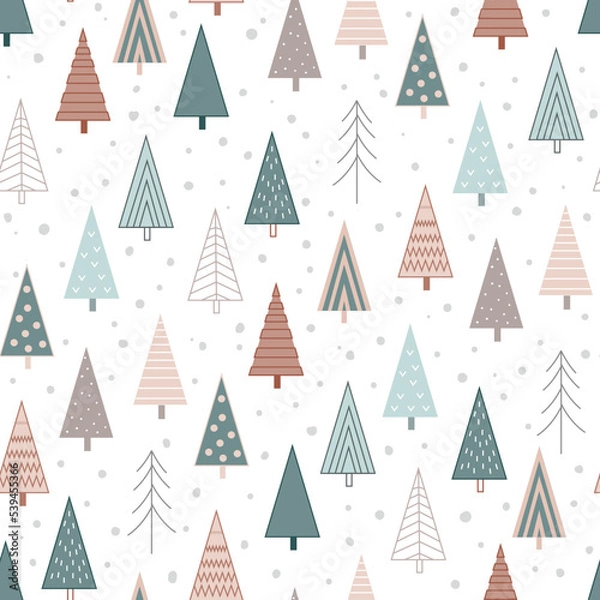 Fototapeta Stylish seamless Christmas background with doodle abstract Xmas trees in geometric shape. Cute pastel palette