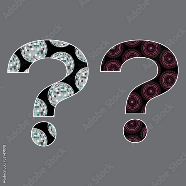 Fototapeta Illustration creative question marks with pattern of disco balls and mandala shapes isolated on gray background.