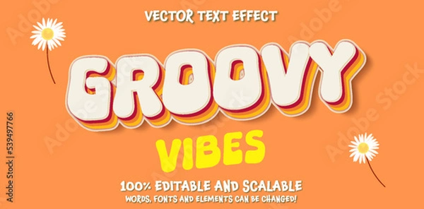 Obraz Groovy text effect, editable vintage and retro text style. Editable trendy groovy lettering vector design on orange background with vector flowers. Ready to use for graphic tee, logo, poster, banner