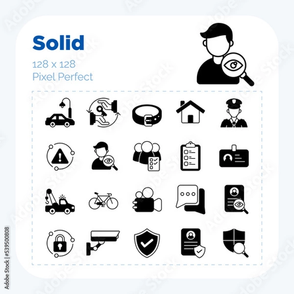 Fototapeta Security service icon set glyph solid style vector pixel perfect