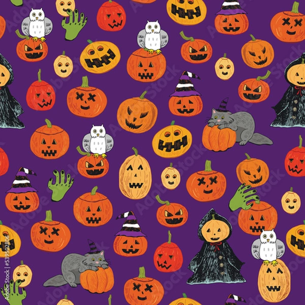 Fototapeta Halloween pumpkin doodles seamless vector pattern.