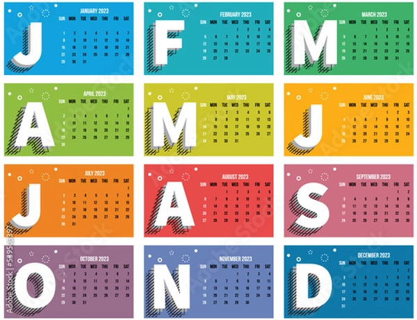 Fototapeta 2023 Year Calendar. Horizontal US English calendar template from Sunday to Saturday with multi-colored background. Editable vector File.