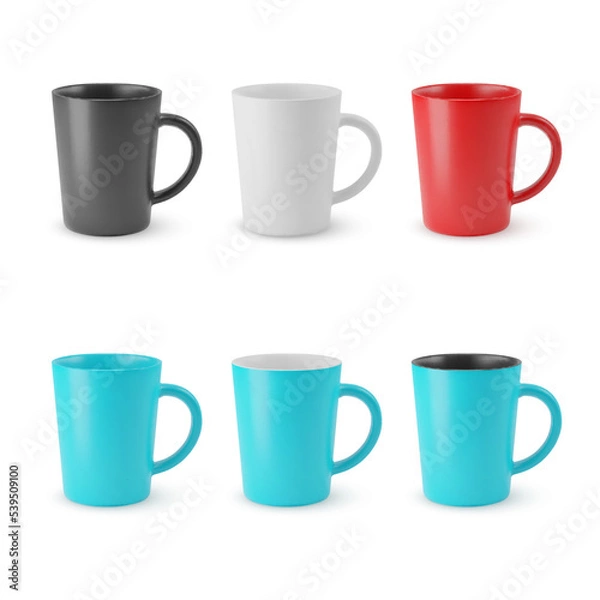Fototapeta Illustration of Six Realistic Empty Ceramic Tea Mug. Mockup with Shadow Effect, and Copy Space for Your Design. For Web Design, and Printing on a White Backdrop