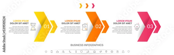 Obraz Vector timeline infographics with three steps, icons, flowchart, workflow and process infographic. Illustration template with arrows.