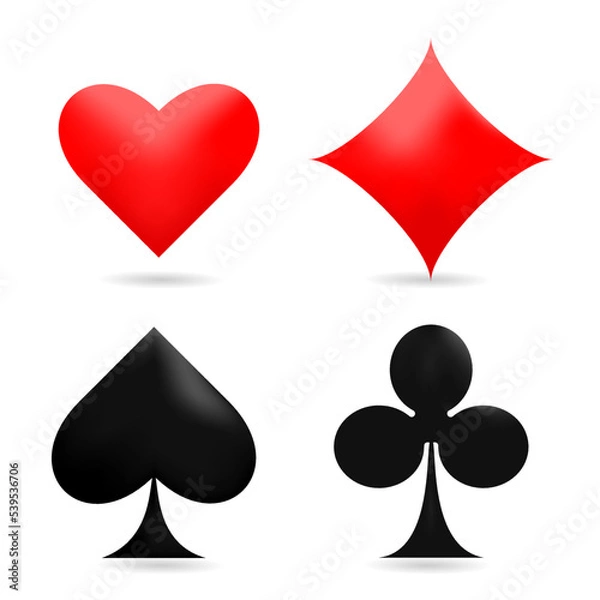 Obraz Realistic 3d vector illustration of the four poker playing cards suits symbols with shadows isolated on white background. Spades Hearts Diamonds and Clubs icons