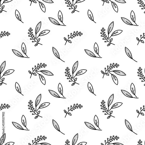 Fototapeta seamless plants pattern with simple doodle leaves and berries