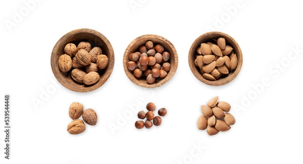 Fototapeta Nuts, hazelnuts, almonds, isolated food. Cookbook ingredients. Transparent background. Top view. Raw ingredients. Recipe. 