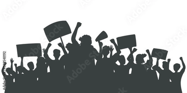 Obraz Silhouette of protesting crowd of people with raised hands and banners. Sports fan club. Peaceful protest for human rights. Demonstration, rally, strike, revolution, riot. Isolated vector illustration