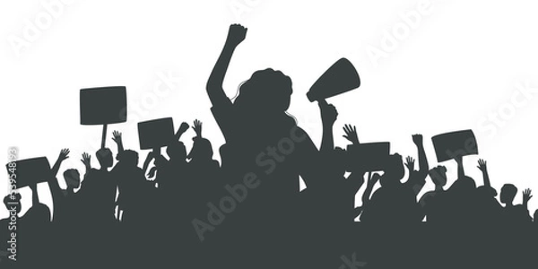 Obraz Silhouette of protesting crowd of people with raised hands and banners. Woman with loudspeaker. Peaceful protest for human rights. Demonstration, rally, strike, revolution.Isolated vector illustration