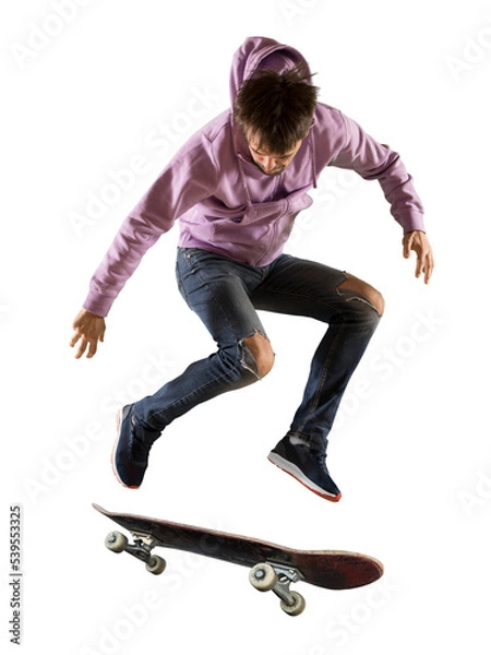 Obraz Skateboarder doing a jumping trick isolated