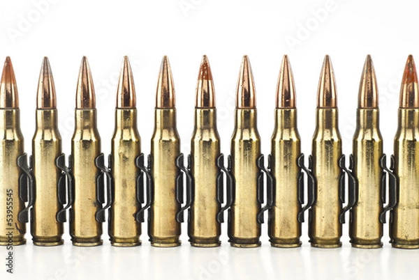 Obraz Cartridge 7.62 mm caliber with link, Machine gun bullet isolated