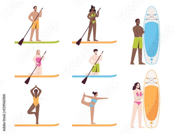 Obraz Young people with sup. Set of multicultural men and women have different activities with board. Stand up paddle. Vector collection in flat style