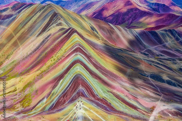 Obraz Aerial view of the Rainbow Mountains (Montana de Siete Colores) in Peru with Vinicunca in the center.