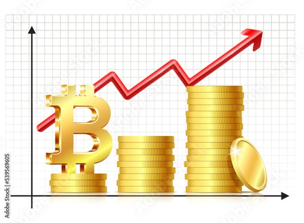 Fototapeta The price of bitcoin is raising. Stack of bitcoins and red down arrow.