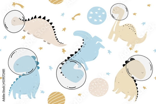 Obraz Vector. Hand-drawn dino. Dino in space. Space, stars and planets. Seamless pattern. Children's wallpaper in the Scandinavian style.