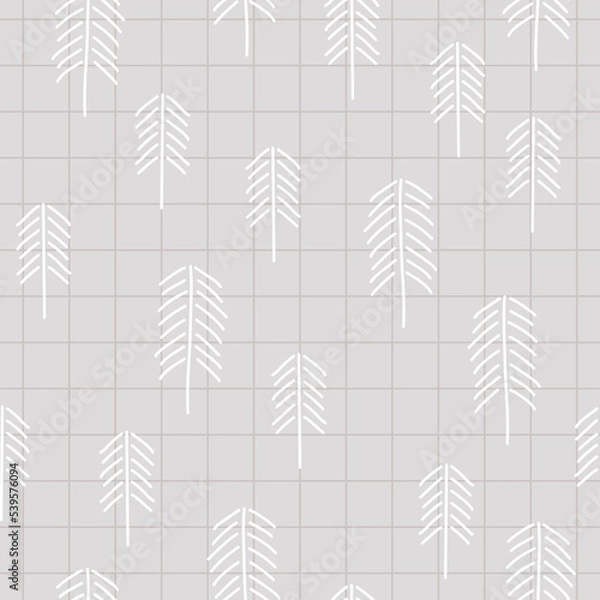 Fototapeta Gray abstract neutral checkered background with white Christmas trees. Vector simple seamless pattern. The print is minimalist, gender neutral