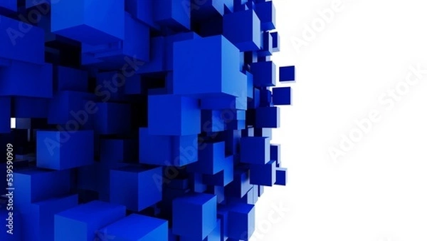 Obraz A set of many blue cubes that are collapsing under white lighting background. Conceptual 3D CG of blockchain, financial system and personal data analysis.
