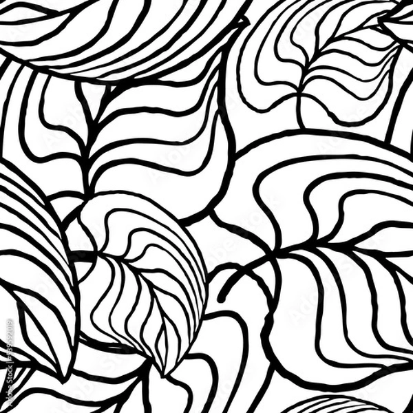 Fototapeta Nature seamless vector pattern with hand drawn twig, tree branch with leaves, tropical summer time. Ecological rural theme for poster print, wrapping paper, wallpaper, clothes textile, fabric design.