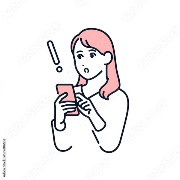 Fototapeta スマホを見て驚く若い女性のシンプルなベクターイラスト素材