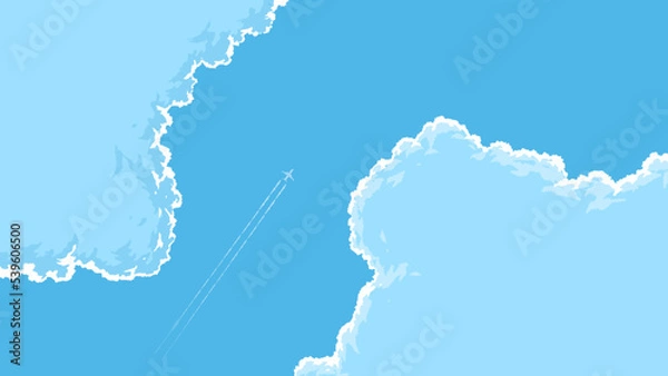 Fototapeta vector illustration of an airplane flying through between 2 clouds in the sky