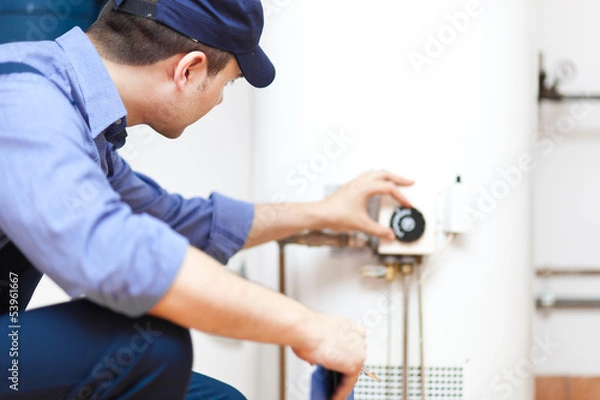 Fototapeta Plumber repairing an hot-water heater