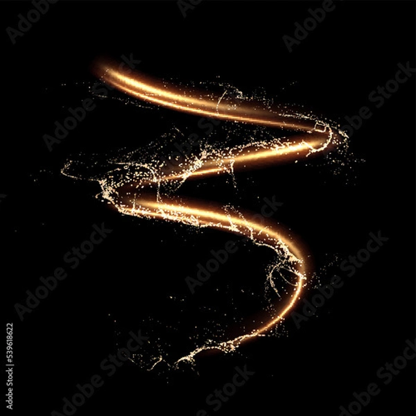 Fototapeta Golden shiny spiral line effect with magic dust particles effect flying around. Vector eps background.