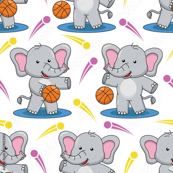 Obraz Cartoon elephant playing basketball seamless pattern design 