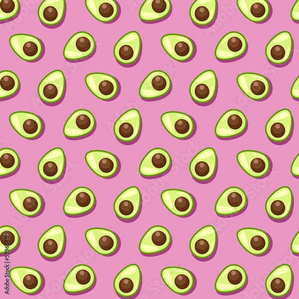 Fototapeta Seamless pattern of avocado halves on a pink background. Appetizing vector illustration of repeating avocado halves. Simple illustrations of avocado halves for packaging design, postcards.
