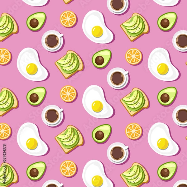 Fototapeta Seamless pattern of breakfast elements on a pink background. Appetizing vector illustrations of scrambled eggs, avocado sandwich, orange halves, avocado halves, coffee cup. 
